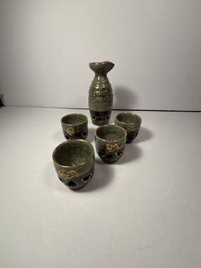 Somayaki Saki Japan Crackleware Double Wall Gold Horse Heart Motif Set 5 Piece